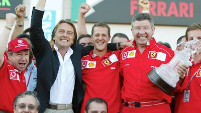 Michael Schumacher with Ross Brawn at Magny Cours in 2002. Getty