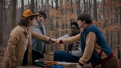 Gaten Matarazzo as Dustin Henderson, Finn Wolfhard as Mike Wheeler, Caleb McLaughlin as Lucas Sinclair and Noah Schnapp as Will Byers return in Stranger Things 5. Photo: Netflix