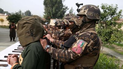 Afghan security officials show a group of suspected militants allegedly accused of planning attacks on government and security forces after their arrest from different areas, in Jalalabad, Afghanistan, 10 March, 2020. EPA