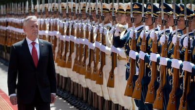 U.S. Defense Secretary Jim Mattis reviews a Chinese honor guard during a welcome ceremony at the Bayi Building in Beijing, Wednesday, June 27, 2018. (AP Photo/Mark Schiefelbein, Pool)
