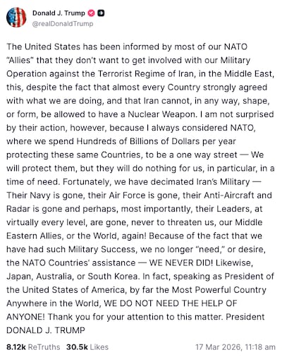 US President Donald Trump posted this message on Truth Social on March 17, 2026.