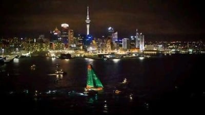 Groupama Sailing Team, skippered by Franck Cammas from France, finish first in to Auckland harbour, on leg 4 from Sanya, China to Auckland, New Zealand.