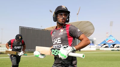 Chirag Suri of the UAE comes out to bat.