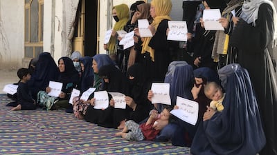 Afghan women stage a protest to demand the right to education and work in Mazar-e-Sharif, Afghanistan, in August 2023. EPA