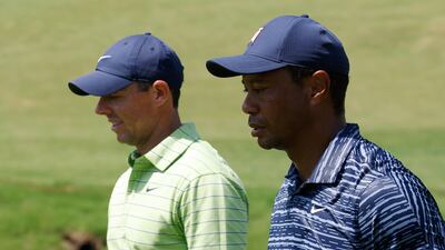 Tiger Woods, right, and Rory McIlroy on the second hole during the first round of the 2022 PGA Championship at the Southern Hills Country Club in Tulsa, Oklahoma, USA. EPA