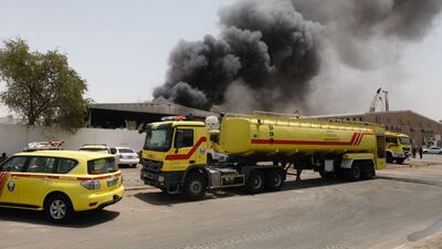 Dark smoke billows into the sky over Mussaffah. Courtesy Abu Dhabi Police