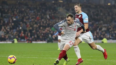 Liverpool's Xherdan Shaqiri scores his side's third goal of the game against Burnley. AP