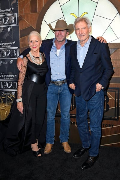 Helen Mirren, Taylor Sheridan and Harrison Ford at the premiere of 1923 in Las Vegas on December 3. Getty Images