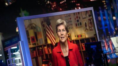 Senator Elizabeth Warren, a Democrat from Massachusetts, is displayed on a monitor at a television studio while speaking virtually during the Democratic National Convention in New York, U.S. Bloomberg