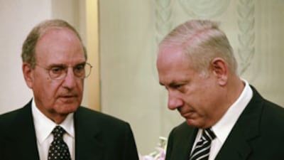 The Israeli prime minister Benjamin Netanyahu, right, and George Mitchell, left, are seen at Mr Netanyahu's office prior to meeting in Jerusalem.