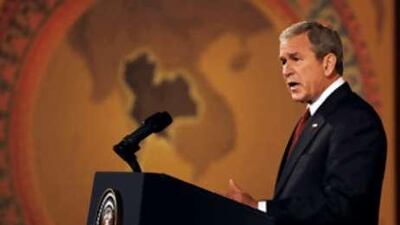 George W Bush delivers remarks at the Queen Sirikit National Convention Center in Bangkok, ahead of his trip to Beijing for the Olympic Games.