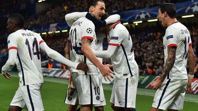 Zlatan Ibrahimovic, centre, celebrates scoring PSG’s second goal. Ben Stansall / AFP