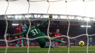 Liverpool's Darwin Nunez scores the third goal. PA