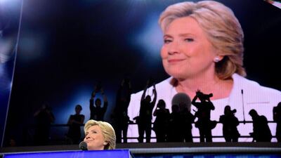Hillary Clinton speaks on the last day of the Democratic National Convention in Philadelphia. Robyn Beck / AFP Photo