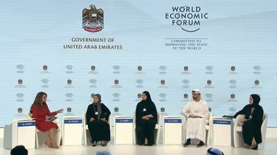 Ohoud Al Roumi, Minister of State for Governmental Development and Future, Sarah Al Amiri, Minister of State for Advanced Sciences, Omar Al Olama, Minister of State for Digital Economy, AI and Remote Working System, and Shamma Al Mazrui, Minister of State for Youth, take part in a panel discussion moderated by Mina Al-Oraibi, editor-in-chief of 'The National'. Photo: World Economic Forum