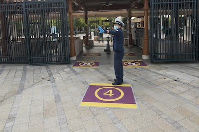 Shanghai Disneyland sets up social distancing queues as they prepare to reopen. Getty