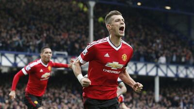 Morgan Schneiderlin of Manchester United celebrates his opening goal on Saturday against Everton in the Premier League. Carl Recine / Action Images / Reuters