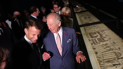 Emmanuel Macron, left, French President, and King Charles III of Britain attend a preview event for the Bayeux Tapestry exhibition at the British Museum in London. Getty Images