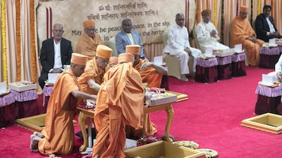 The shilanyas vidhi of the first traditional Hindu temple in the UAE is performed in the holy presence of His Holiness Mahant Swami Maharaj, the spiritual leader of BAPS Swaminarayan Sanstha.