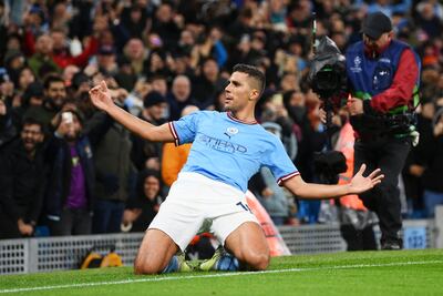 Manchester City's Rodri celebrates after scoring the first goal in the Champions League quarter-final first leg against Bayern Munich at the Etihad Stadium on April 11, 2023. Getty