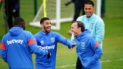 West Ham's Mark Noble and Said Benrahma with team-mates during a training on the eve of the Europa League semi-final first leg against Eintracht Frankfurt. PA