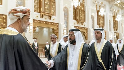 Sheikh Tahnoun bin Mohammed, Ruler's Representative in Al Ain Region, offers condolences to Sultan Haitham bin Tariq. Seen with Sheikh Hazza bin Zayed, Vice Chairman of the Abu Dhabi Executive Council, right. Rashed Al Mansoori / Ministry of Presidential Affairs