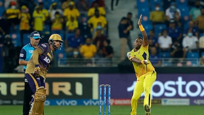Dwayne Bravo of Chennai Super Kings bowling during the final.