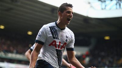 Erik Lamela of Tottenham Hotspur celebrates as he scores their third goal during the Premier League match between Tottenham Hotspur and Manchester United at White Hart Lane on April 10, 2016 in London, England. (Photo by Clive Rose/Getty Images)