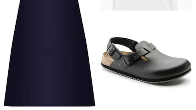 Dress as Carmy Berzatto from ‘The Bear’: Jubatus 2 pack bib apron, Dh36.51, www.amazon.ae; Birkenstock Tokios, Dh549; www.birkenstock.com; white T-shirt, Dh27, www.next.ae. Photo: Amazon, Birkenstock, Next