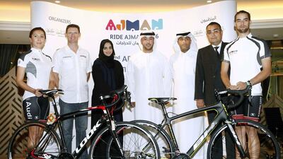 (from left to right) Alina Opera – Cyclist, Stewart Howison – Managing Partner, Revolution Cycles, Maryam Al Shorafa – Head of Corporate Communications & Marketing, Ajman Bank, H.E Faisal Al Nuaimi – General Manager, Ajman Tourism Development Department, Mohammed Mehrab Alsabagh - Technical Director, UAE Cycling Federation, Henny Schaeffer – General Manager, Fairmont Ajman, Desmond Myburgh – Cyclist. 29 March 2016. Photo Courtesy: Promoseven Sports