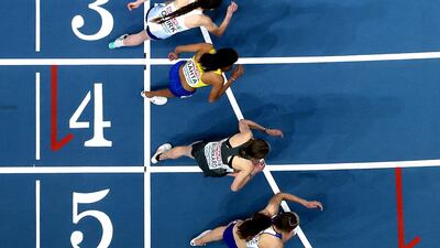 Athletes at the starting line for the women's 3000 metres at the European Athletics Indoor Championships at Arena Torun in Poland, on Friday, March 5. Getty