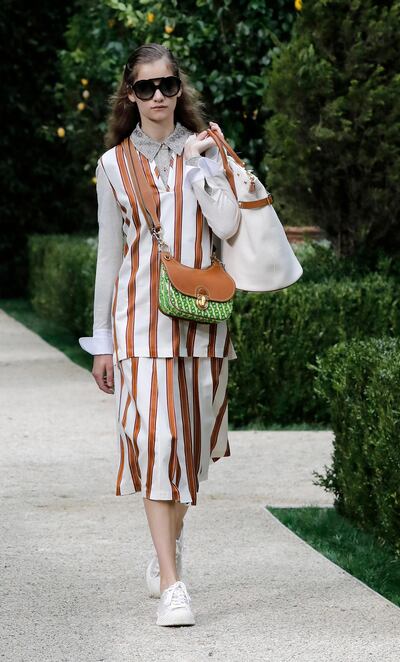 Cool city stripes at Tory Burch, Spring 2019. EPA.