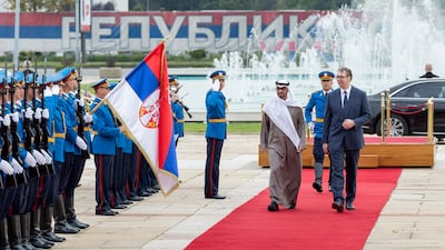 Sheikh Mohamed and Mr Vucic inspect the Serbian guard of honour during a reception at the Palace of Serbia. Photo: Ryan Carter / UAE Presidential Court