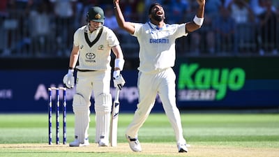 Jasprit Bumrah celebrates trapping Steve Smith lbw first ball. Australia finished the day on 67-7. EPA