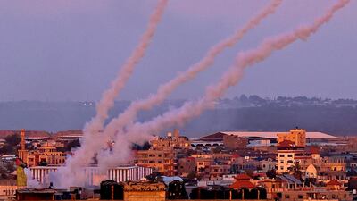 Rockets are launched towards Israel from the southern Gaza Strip, on May 17. AFP