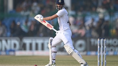New Zealand's Ajaz Patel plays a shot on his way to an unbeaten 28. AFP