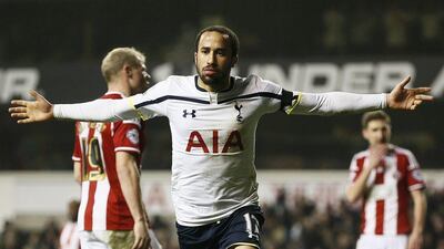 Tottenham Hotspur's Andros Townsend celebrates scoring a penalty against Sheffield United during their League Cup first leg 1-0 victory on Wednesday. Stefan Wermuth / Reuters / January 21, 2015