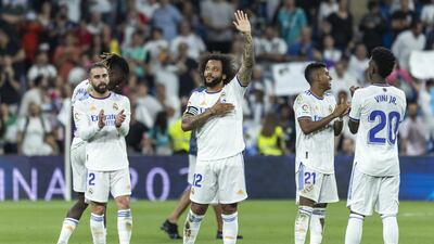 Real Madrid's Marcelo waves to fans at the end of the La Liga draw with Real Betis at the Santiago Bernabeu Stadium on Friday, May 20, 2022. EPA