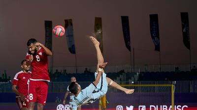 The UAE, in red, in action against Portugal at the Intercontinental Beach Soccer Cup at Kite Beach in Dubai. Quality Sport Images