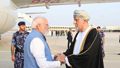 Oman's Deputy Prime Minister for Defence Affairs, Sayyid Shihab bin Tariq Al Said, welcomes Narendra Modi to Muscat. Oman News Agency