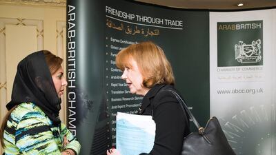 Afnan Al Shuaiby, the head of the Arab British Chamber of Commerce, left, and Baroness Symons of Vernham Dean, the chairwoman of the Arab British Chamber of Commerce during the Arab-British Economic Forum last week. Eleanor Bentall for The National