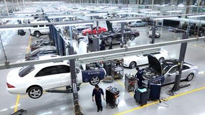 Cars undergo a service at the Mercedes-Benz Service Centre in Abu Dhabi. Car service business picked up during the downturn as drivers became more focused on maintaining rather than purchasing cars.