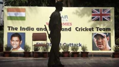 Indian security personnel stand guard outside the England team hotel in Bhubaneswar.