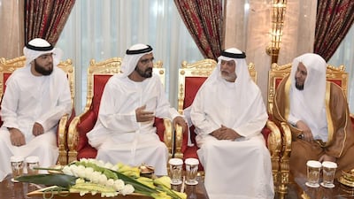 Sheikh Mohammed bin Rashid, Vice President and Ruler of Dubai, with Islamic scholars, members of the organising and jury committees of Dubai International Holy Quran Award and other guest lecturers, orators and Holy Quran reciters. Wam