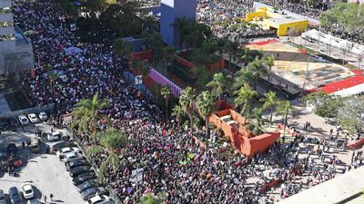 Protesters gather for the Women’s March in Los Angeles. Hundreds of thousands of protesters spearheaded by women’s rights groups demonstrated across the US to send a defiant message to US president Donald Trump. Angela Weiss / AFP