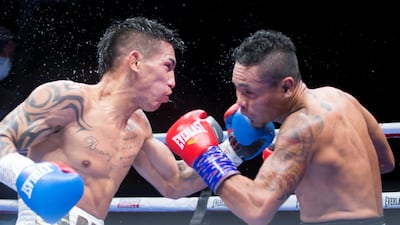 Donnie Nietes of the Philippines at the receiving end Pablo Carillo of Colombia at the Rotunda, Ceasar's Palace, Bluewaters Island, Dubai. Leslie Pableo for The National