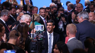 Rishi Sunak, UK prime minster, after delivering his keynote speech on the closing day of the UK Conservative Party Conference in Manchester, UK, on Wednesday, Oct. 4, 2023. The address is Sunak's best chance for a reset in the eyes of voters ahead of a general election widely expected next fall. Photographer: Hollie Adams / Bloomberg