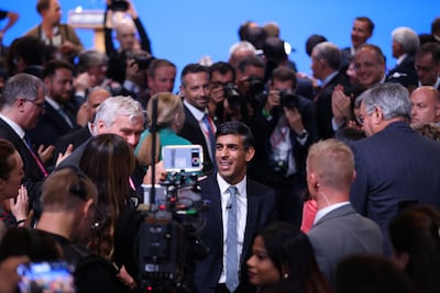 Rishi Sunak, UK prime minster, after delivering his keynote speech on the closing day of the UK Conservative Party Conference in Manchester, UK, on Wednesday, Oct. 4, 2023. The address is Sunak's best chance for a reset in the eyes of voters ahead of a general election widely expected next fall. Photographer: Hollie Adams / Bloomberg
