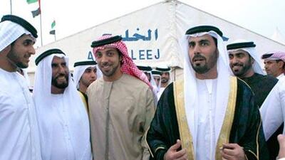 Sheikh Sultan bin Ali bin Saif al Khateri, second from left, the chieftain of al Khateri tribe and the father of the groom, with Sheikh Mansour bin Zayed, Deputy Prime Minister and Minister of Presidential Affairs, and Abdullah bin Sultan al Khateri, the groom, during the tribal wedding ceremony in Ras al Khaimah.
