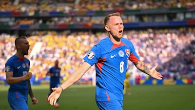 Slovakia's Ondrej Duda, right, celebrates after scoring. AP